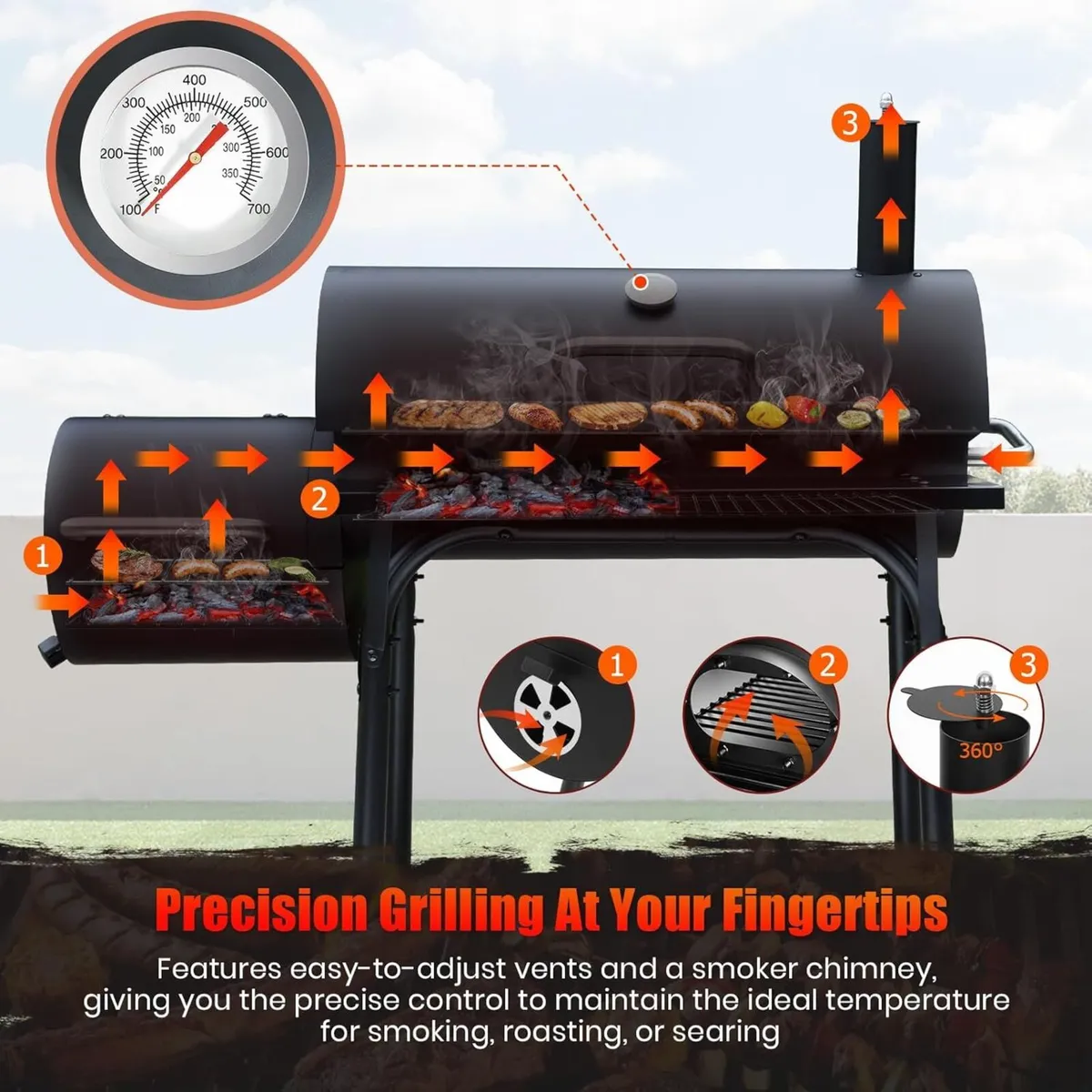 Charcoal BBQ Offset Smoker Grill with Starter - Image 3