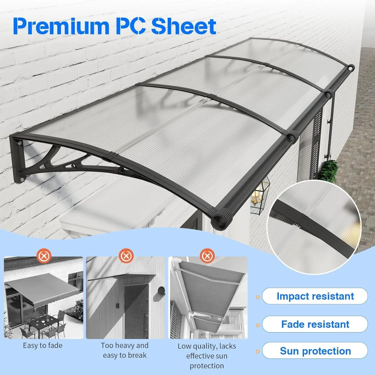 Door Canopy Outdoor Awning with Drainage 120x80 - Image 4