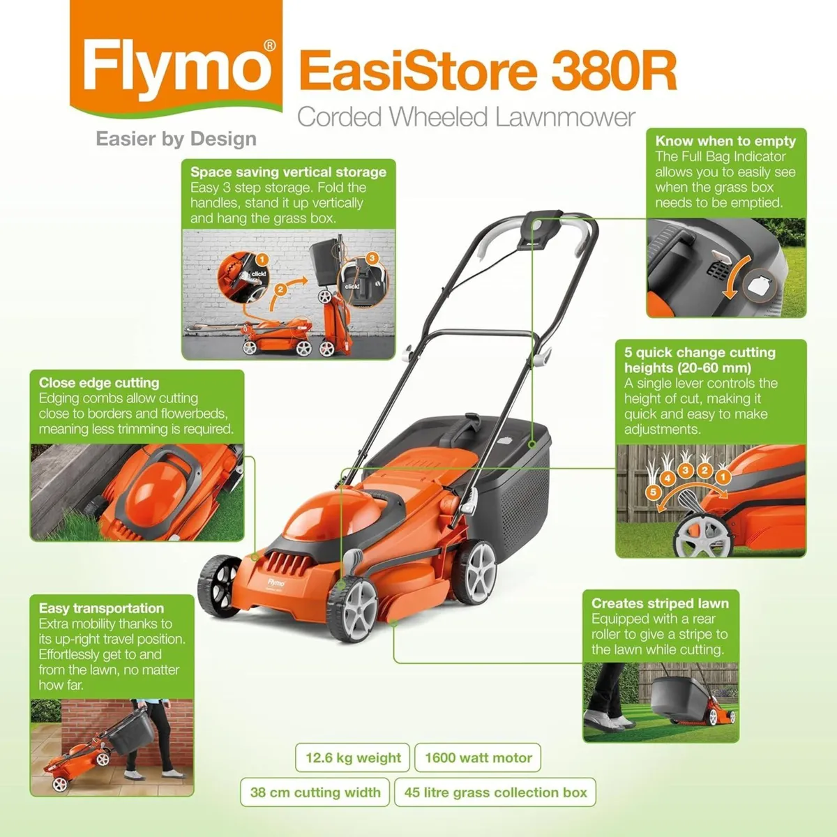 EasiStore 380R Electric Rotary Lawn Mower - 38 cm - Image 3