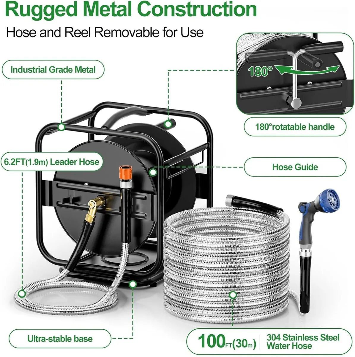 Heavy Duty Metal Garden Hose Reel with 30m 304 - Image 2