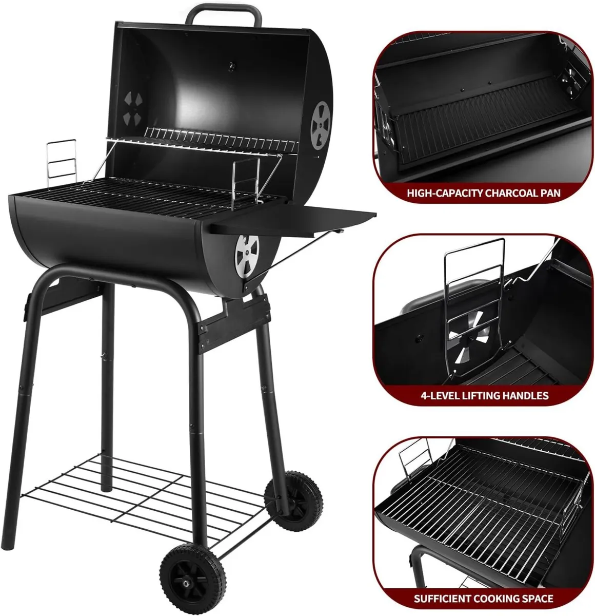Charcoal BBQ Grill Smoker with Side Shelves - Image 4