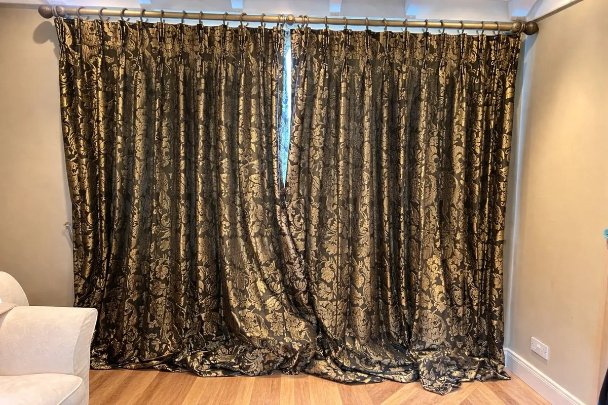 Pair of large fully lined black and gold curtains - Image 1