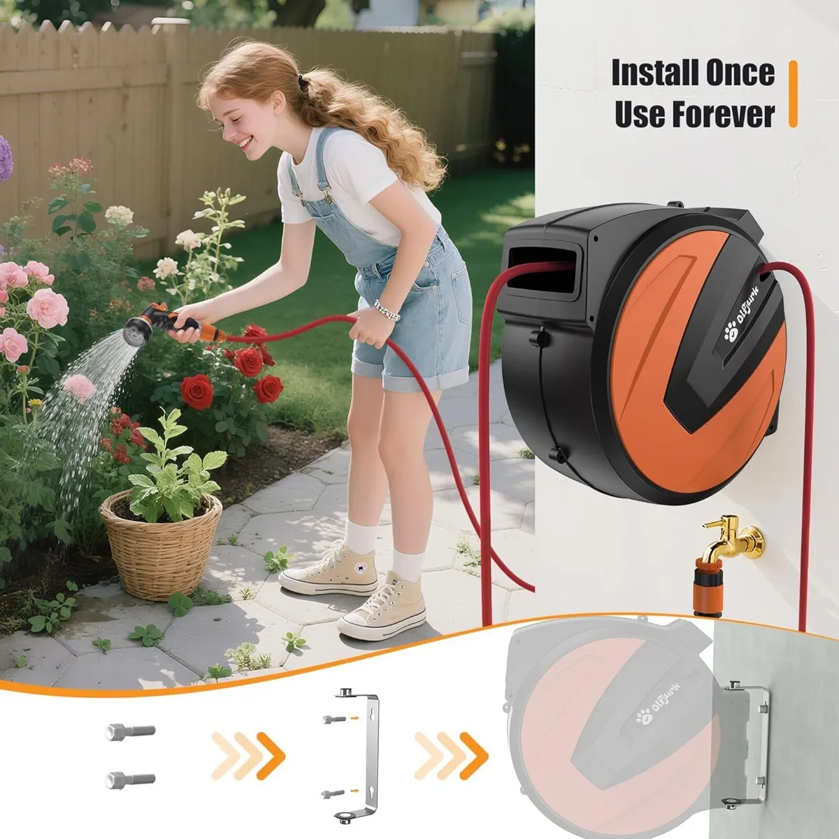 Garden Hose Reel 1/2'' x 30m+2m Wall Mounted with - Image 4