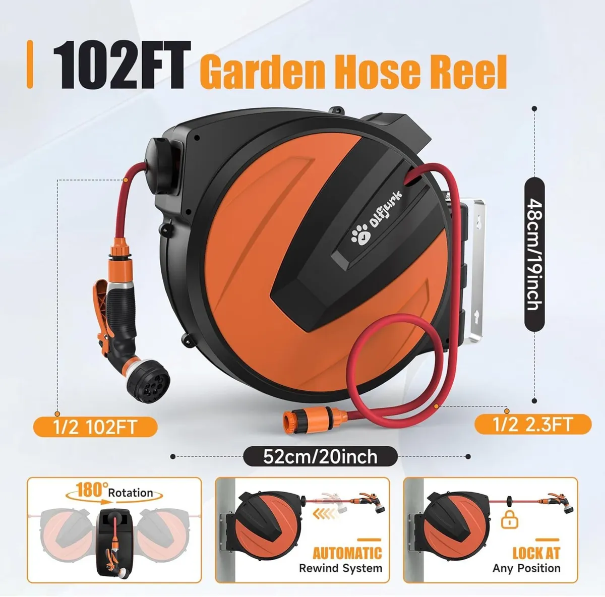 Garden Hose Reel 1/2'' x 30m+2m Wall Mounted with - Image 2