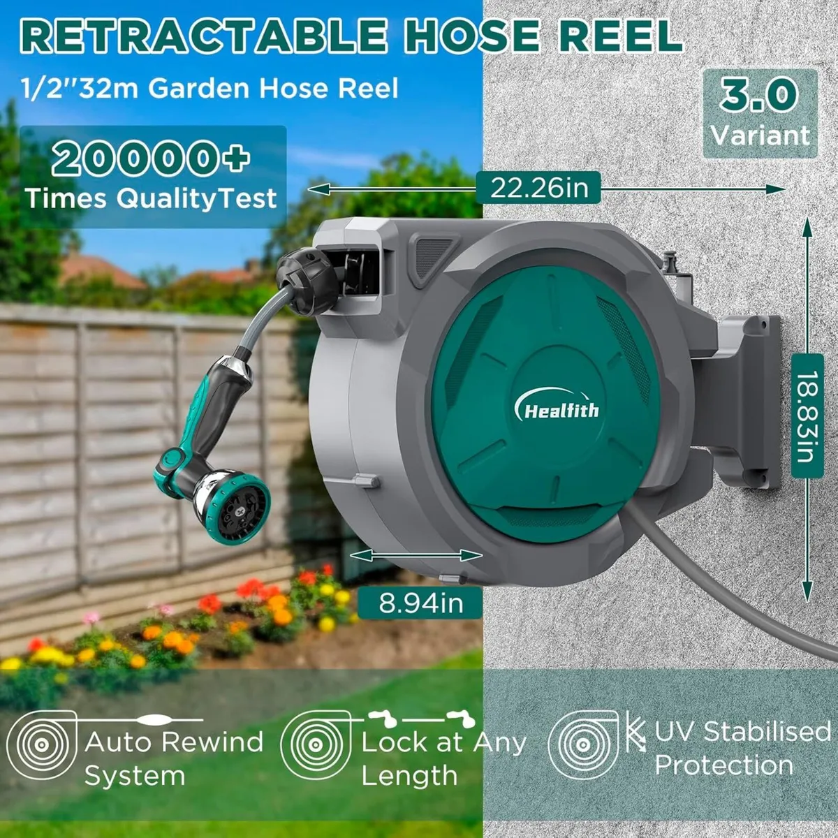 Wall Mounted Garden Hose Reel - 32+2m Retractable - Image 2