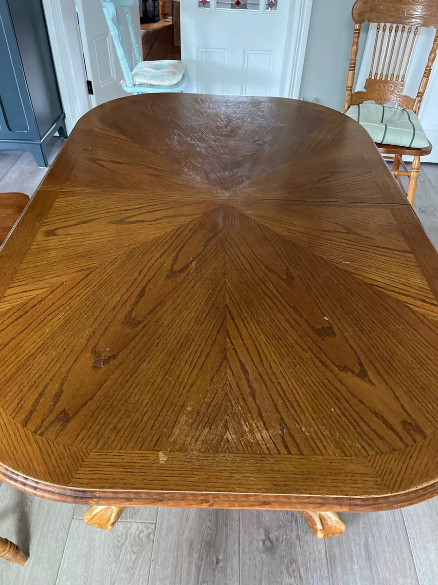 Solid oak extending table and 4 chairs 2carvers - Image 1