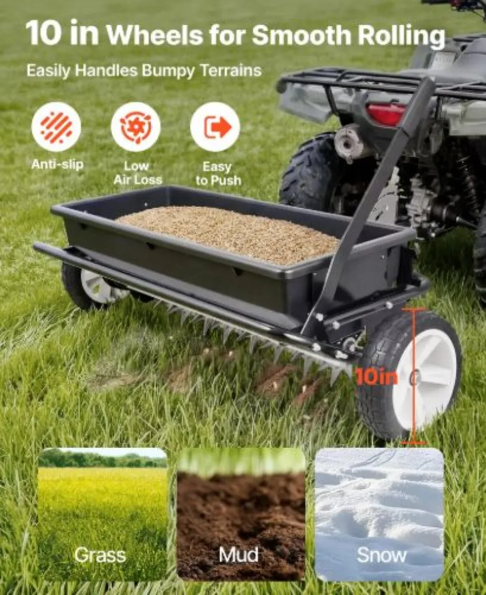 Tow Behind Lawn Spreader with Aeration Spikes, - Image 2
