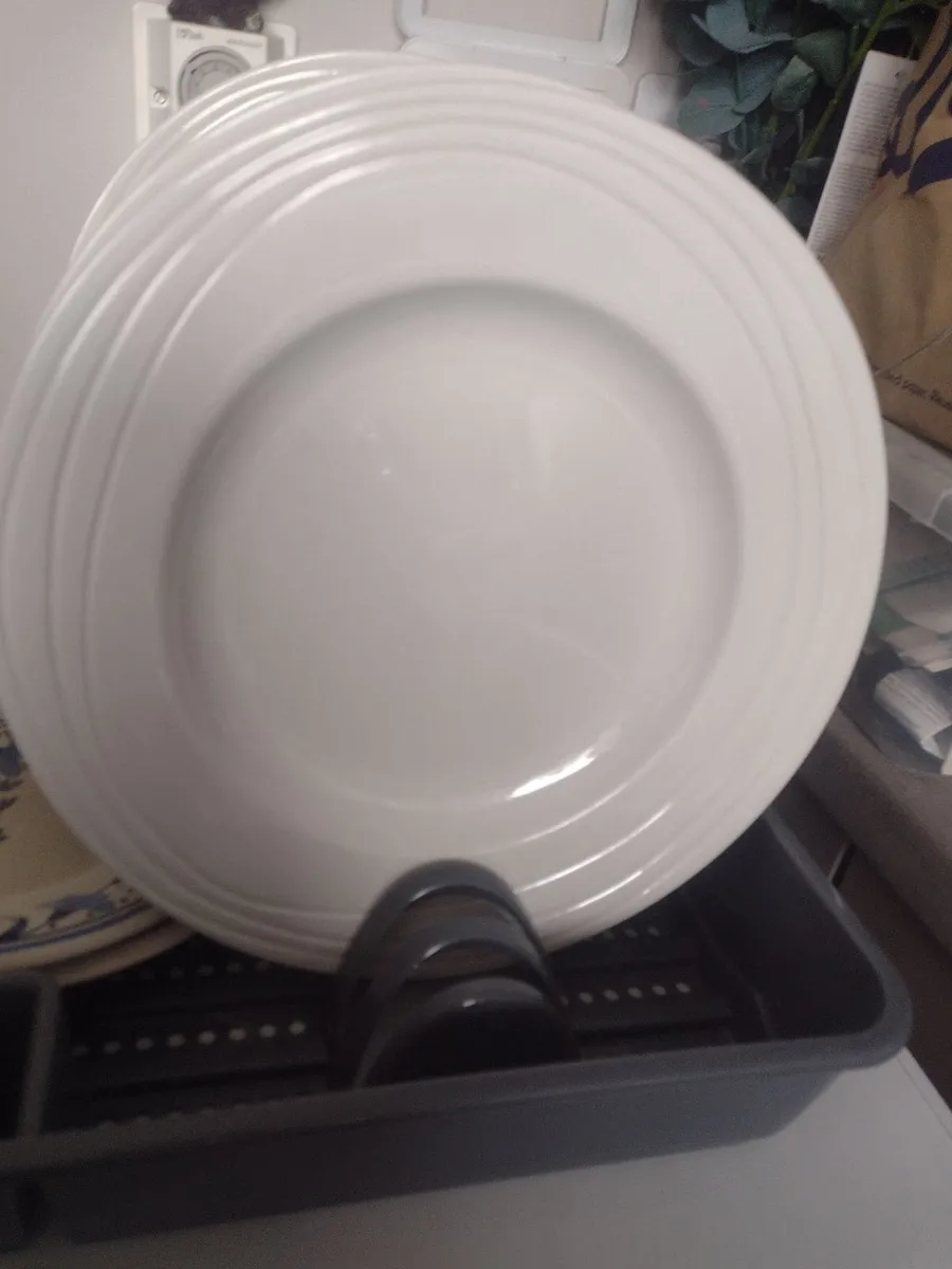 Box of large dinner plates & dish rack - Image 3