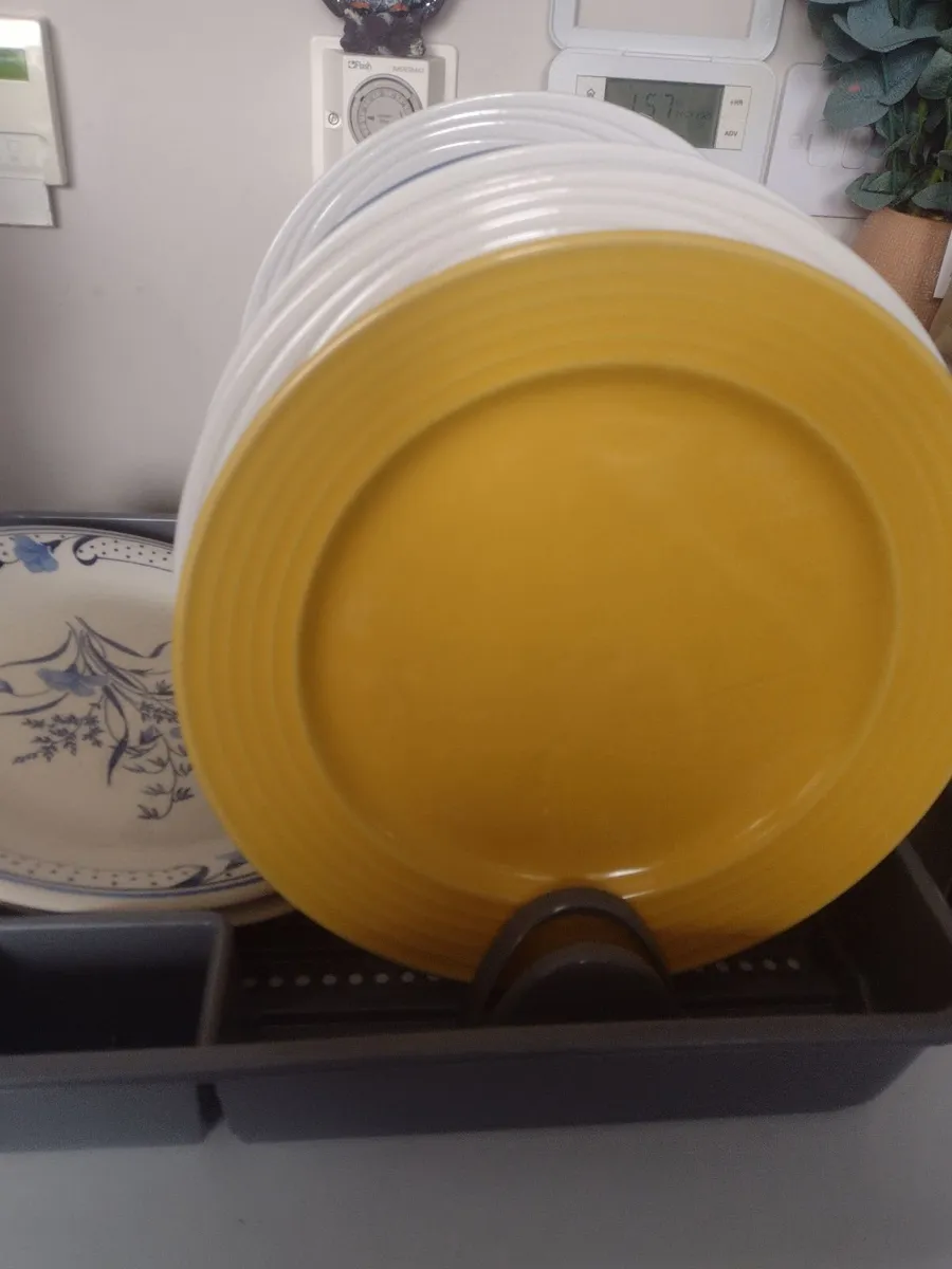 Box of large dinner plates & dish rack - Image 1