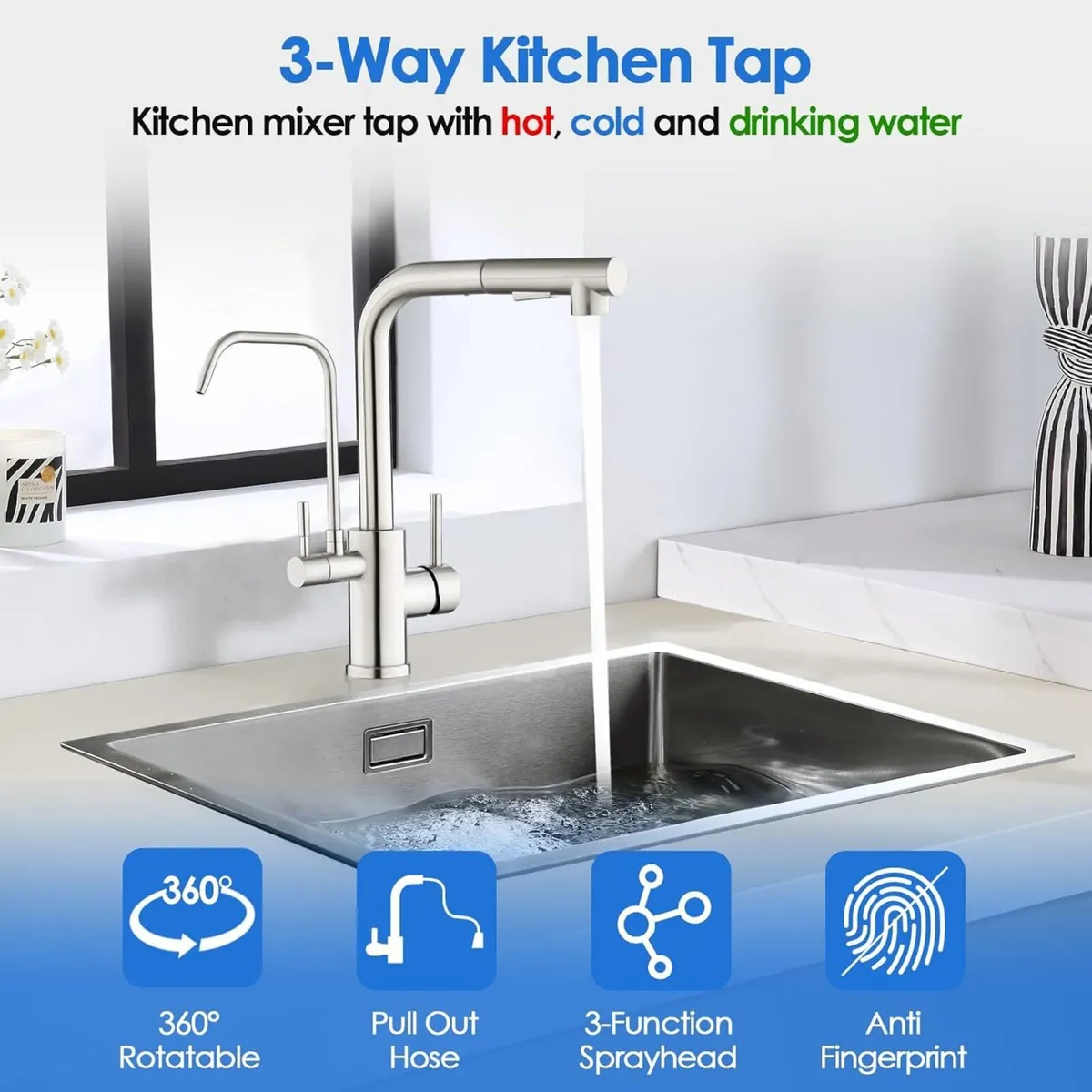 3 Way Kitchen Mixer Tap with Water Filter Pull - Image 3