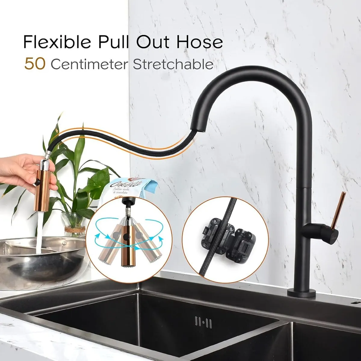 Black Kitchen Sink Tap with Pull Out Spray 360 - Image 4
