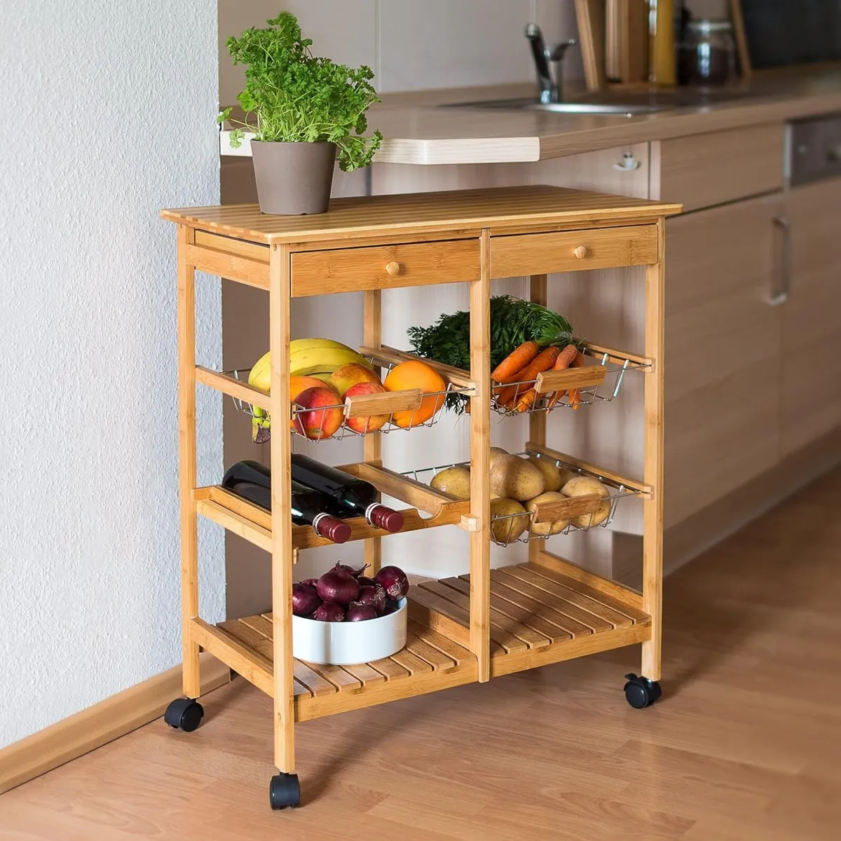 JAMES Bamboo Serving Trolley Cart with 2 Drawers - Image 2