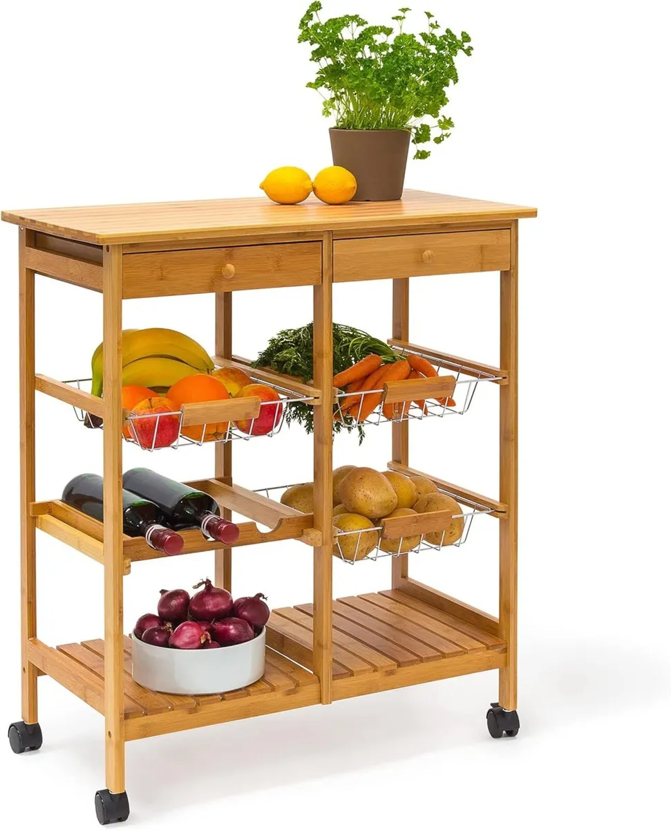 JAMES Bamboo Serving Trolley Cart with 2 Drawers - Image 1
