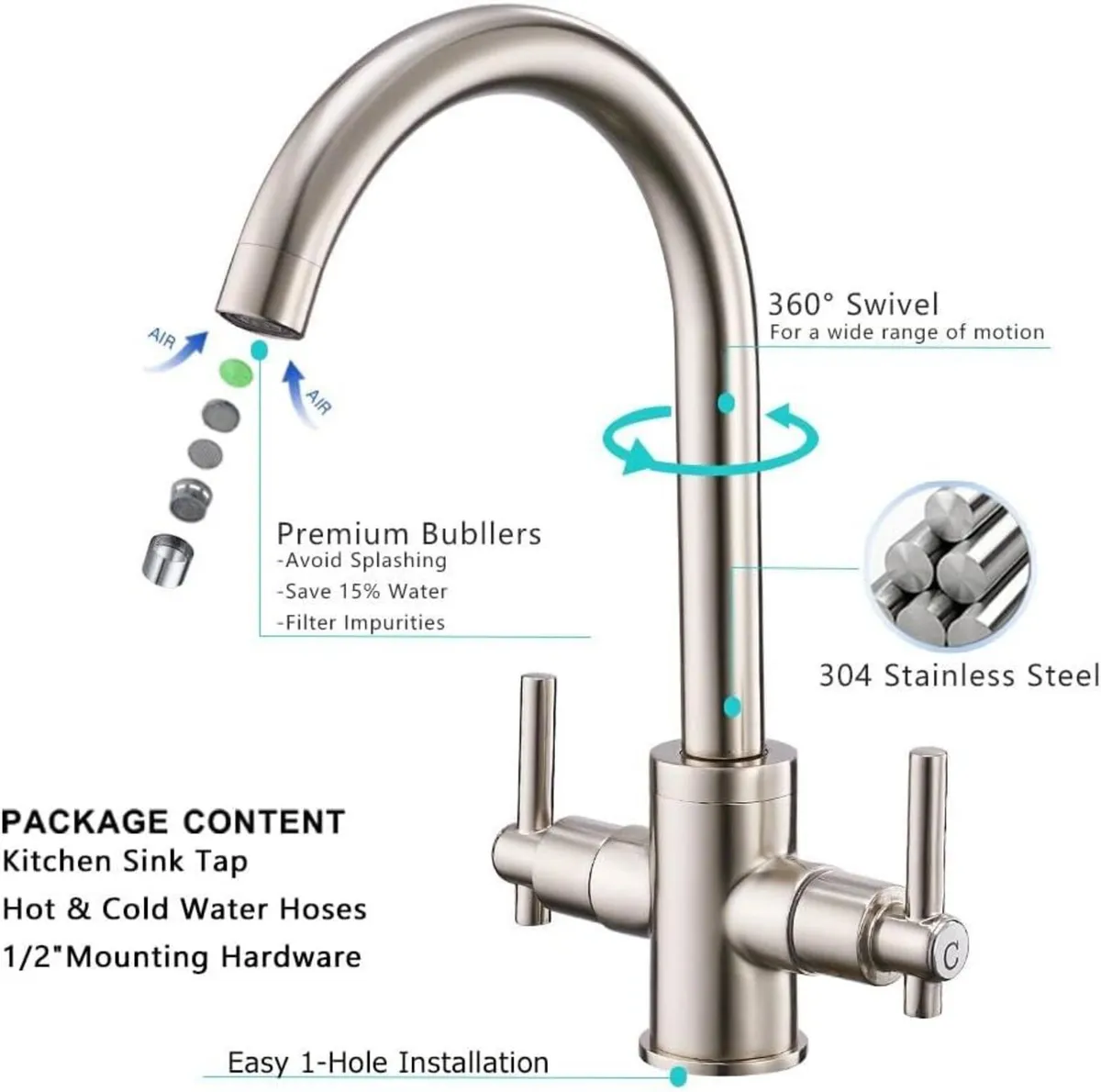 Kitchen Taps Mixer Sink Tap 360 Swivel Spout High - Image 4