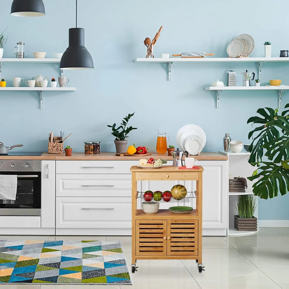 Bamboo Kitchen Trolley Worktop Cabinet Basket - Image 2