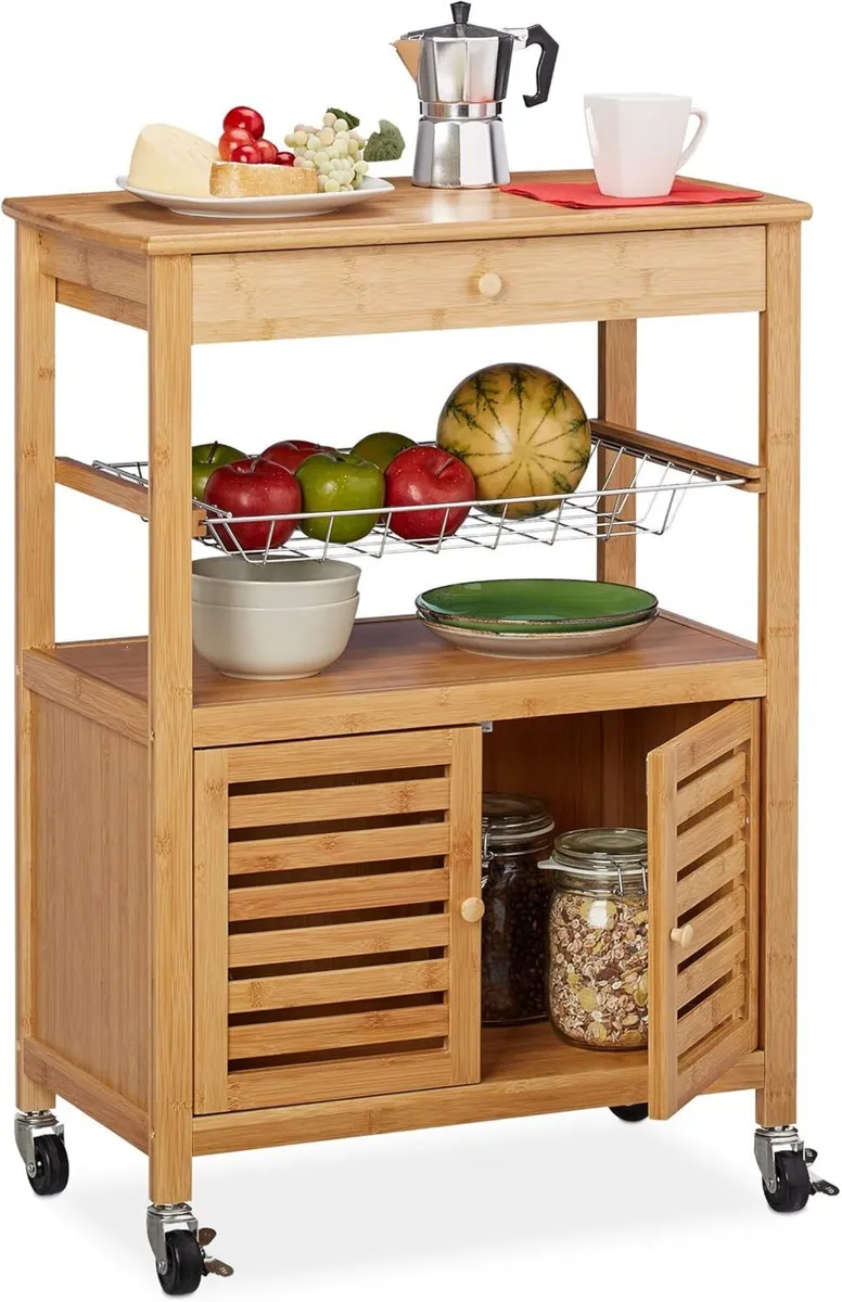 Bamboo Kitchen Trolley Worktop Cabinet Basket - Image 1