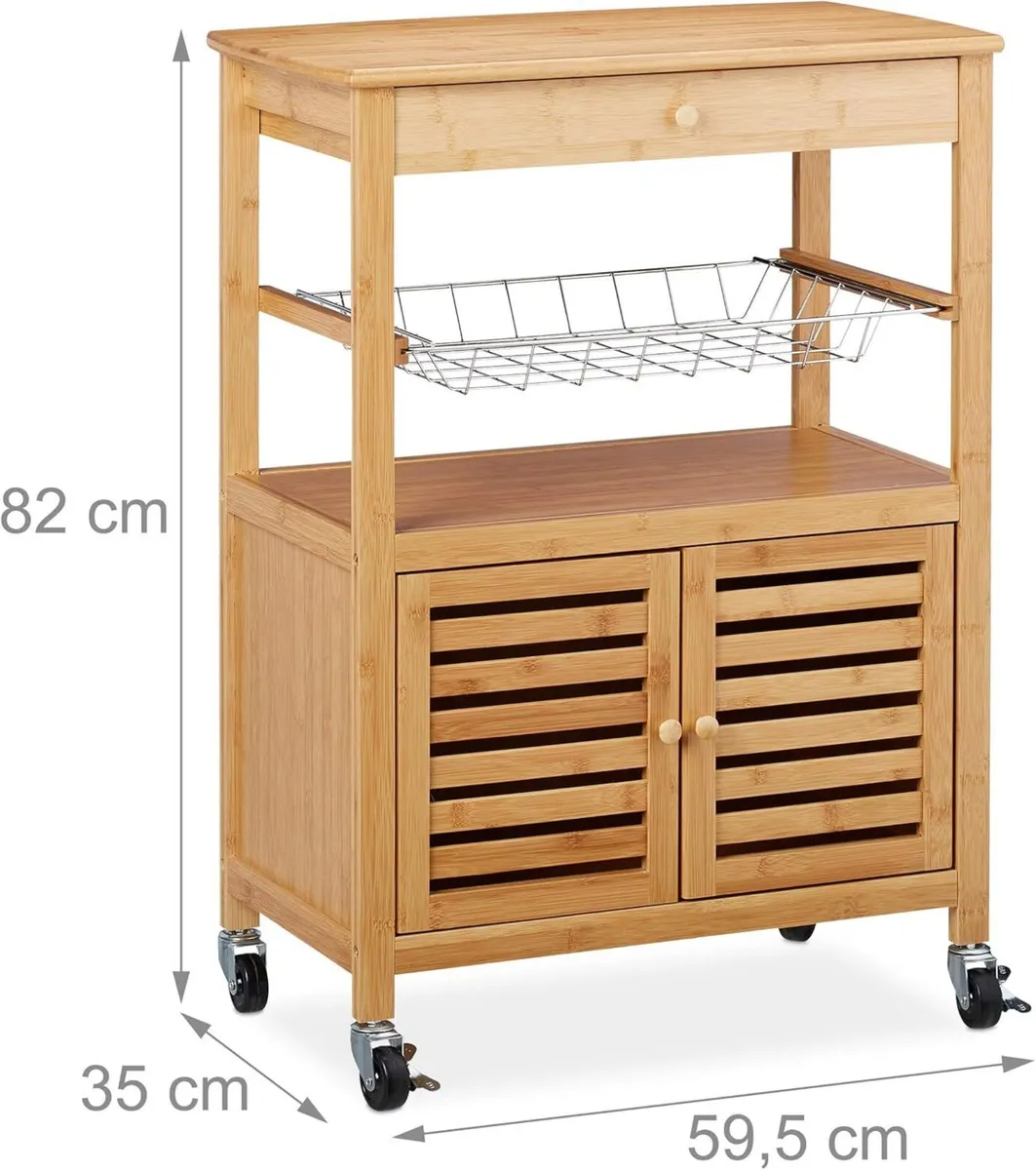 Bamboo Kitchen Trolley Worktop Cabinet Basket - Image 3