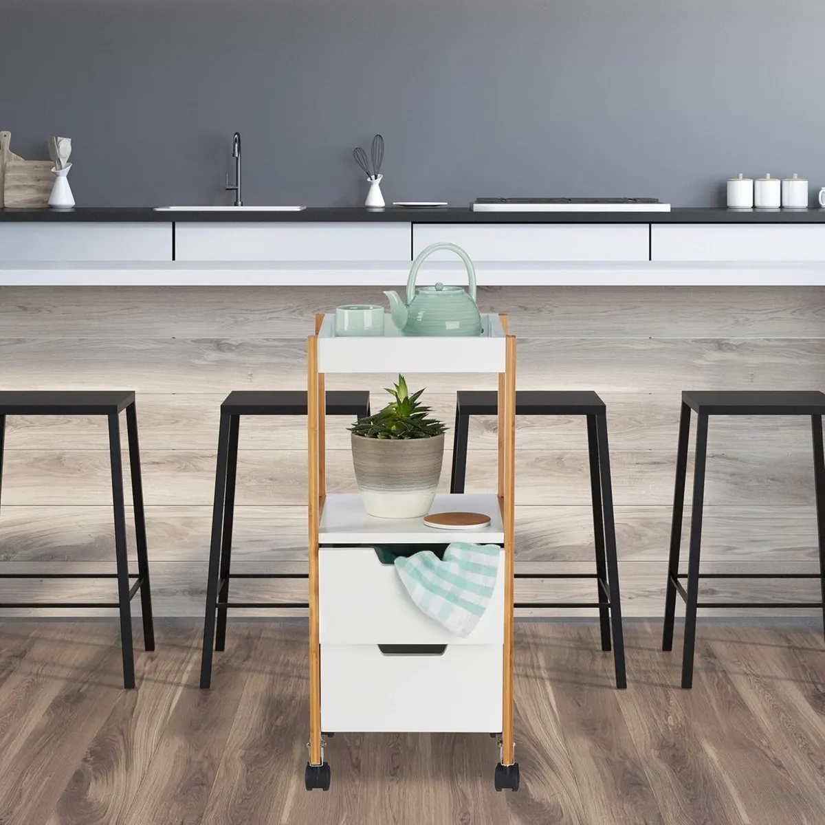 Kitchen Cart with Drawers Tea Trolley On Wheels - Image 2