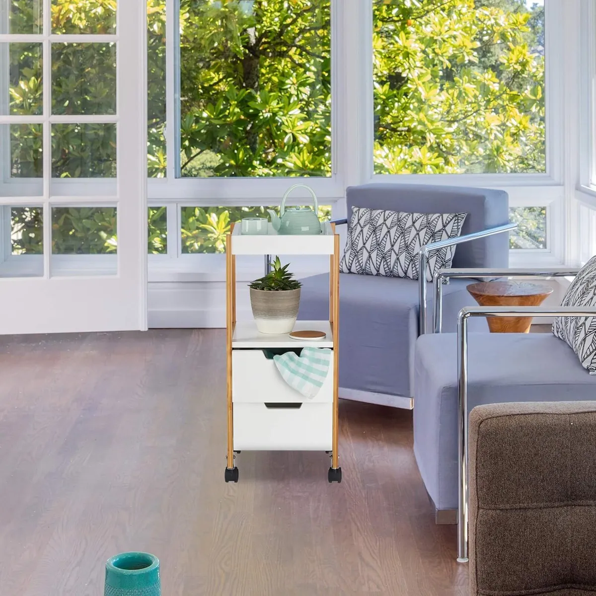 Kitchen Cart with Drawers Tea Trolley On Wheels - Image 4