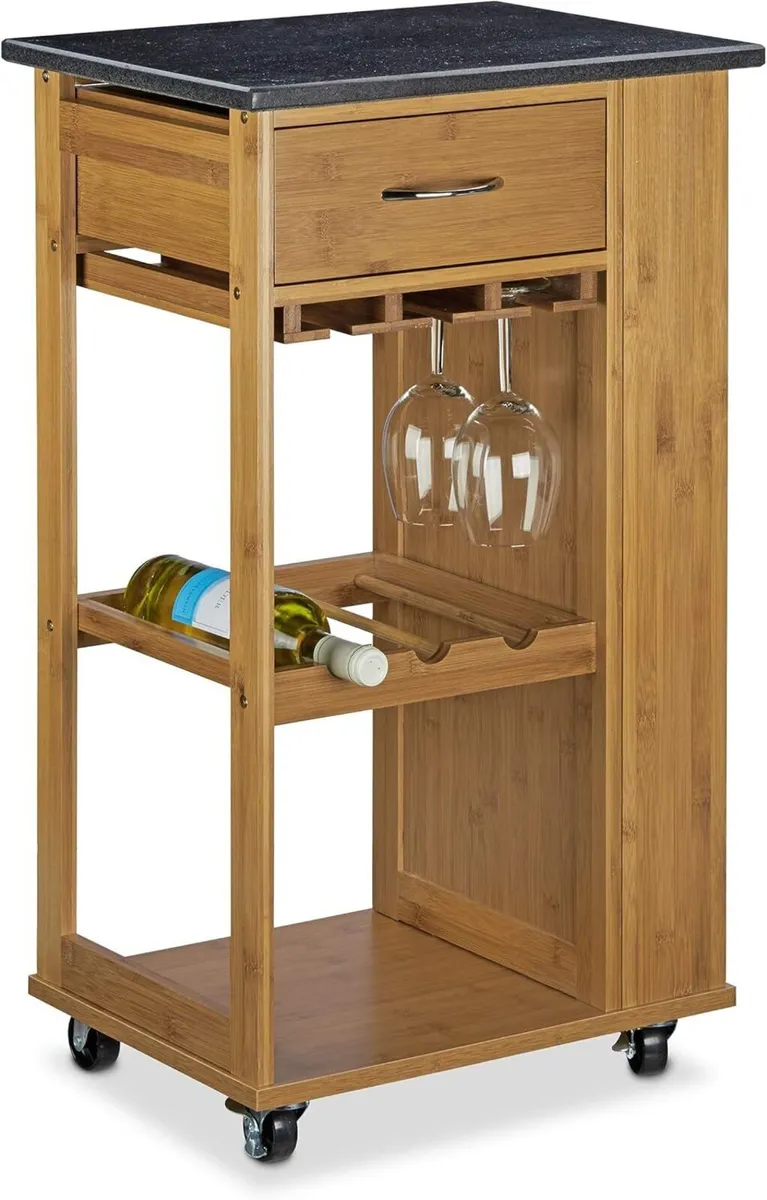 ALFRED L Bamboo Kitchen Cart w/Black Marble - Image 1