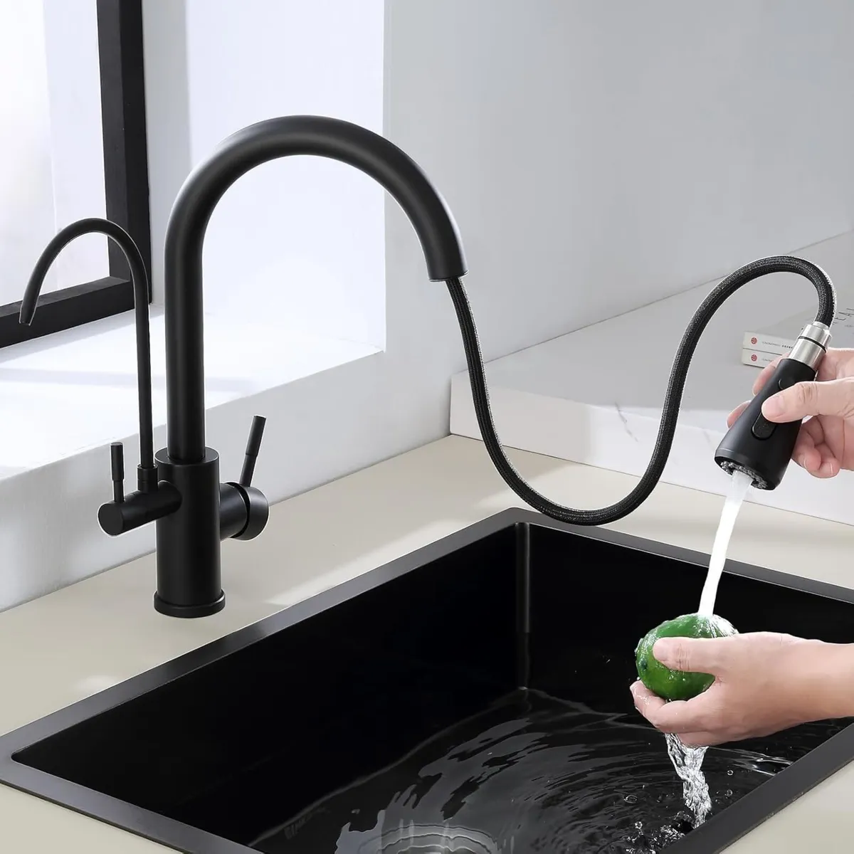 3 Way Kitchen Mixer Tap Black with Pull Out Spray - Image 1