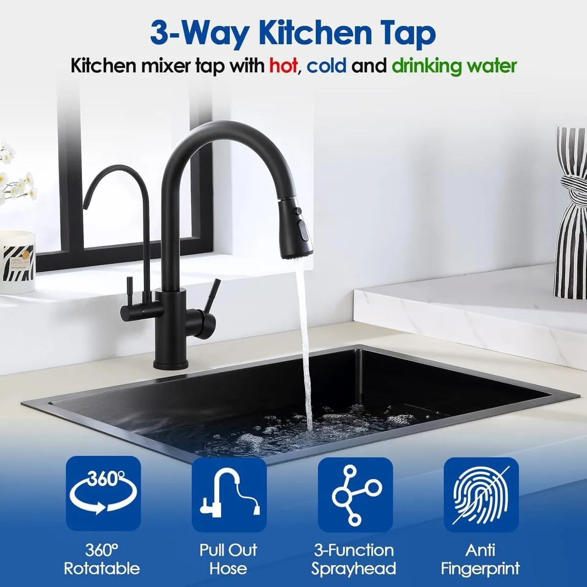 3 Way Kitchen Mixer Tap Black with Pull Out Spray - Image 3