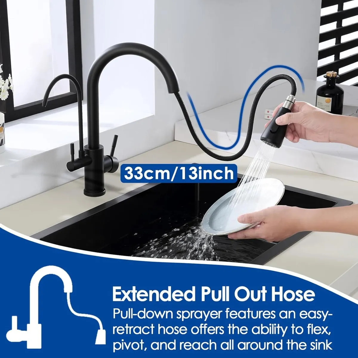 3 Way Kitchen Mixer Tap Black with Pull Out Spray - Image 4