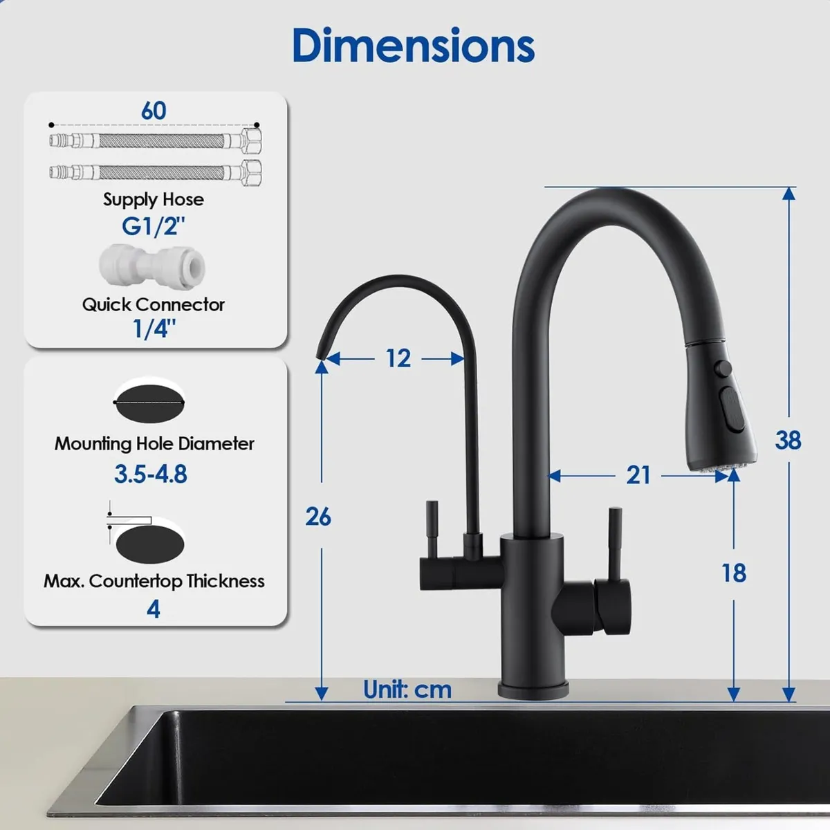 3 Way Kitchen Mixer Tap Black with Pull Out Spray - Image 2