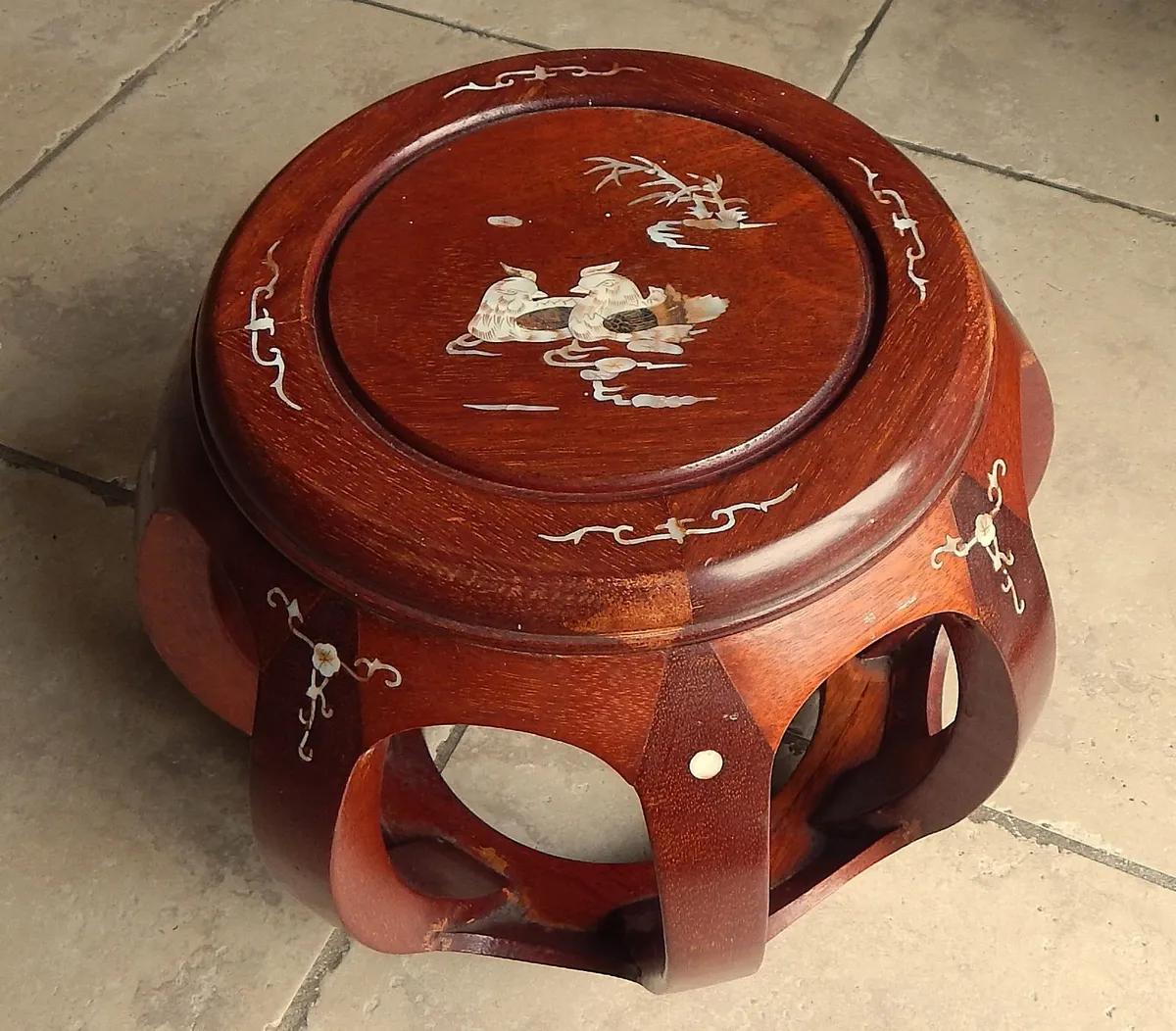Mahogany Drum Stool with Mother of Pearl Inlay - Image 3