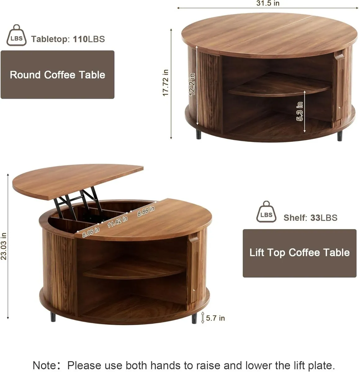 Lift Top Coffee Table 80cm Fluted Wood Center - Image 2