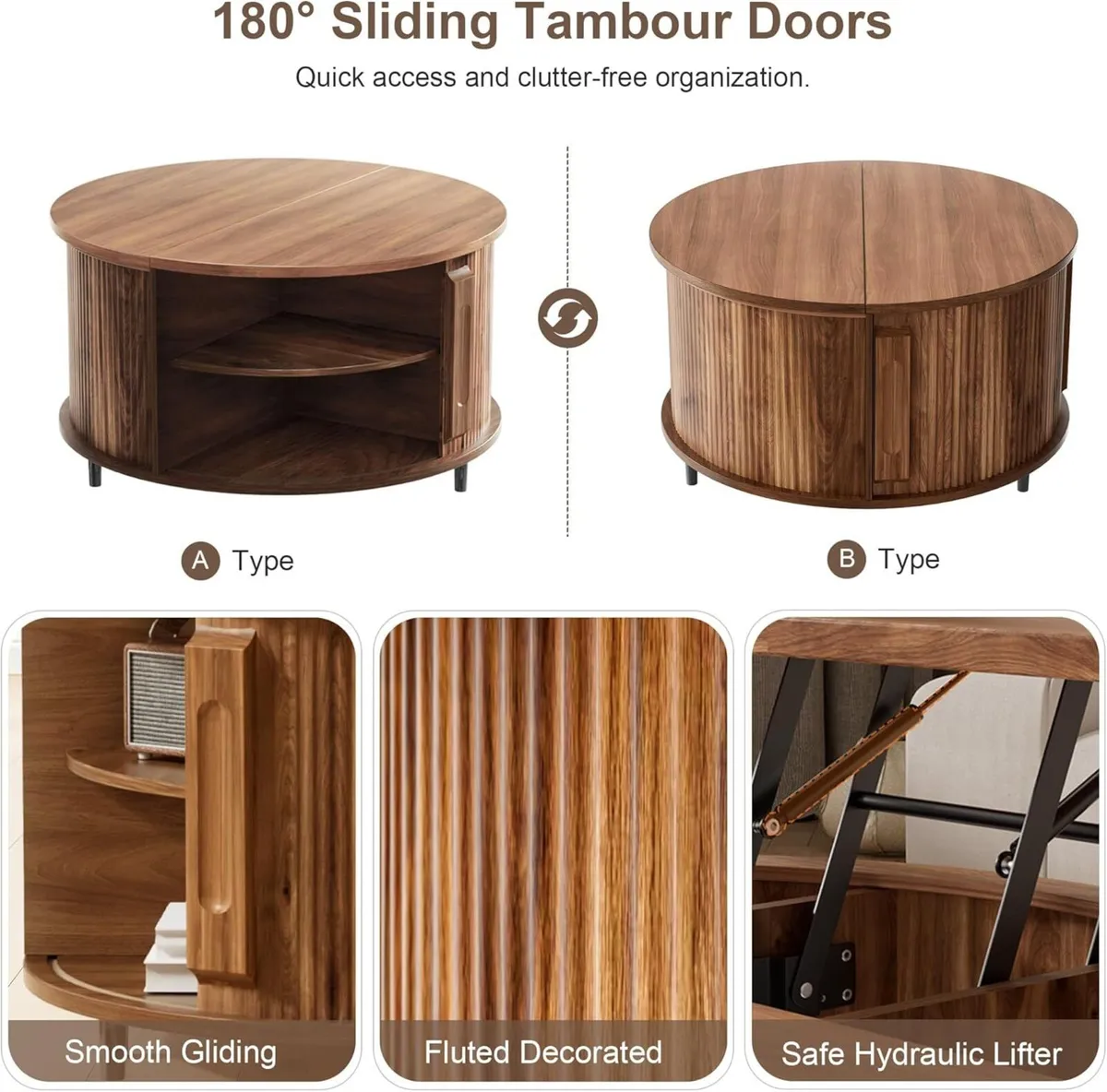 Lift Top Coffee Table 80cm Fluted Wood Center - Image 3