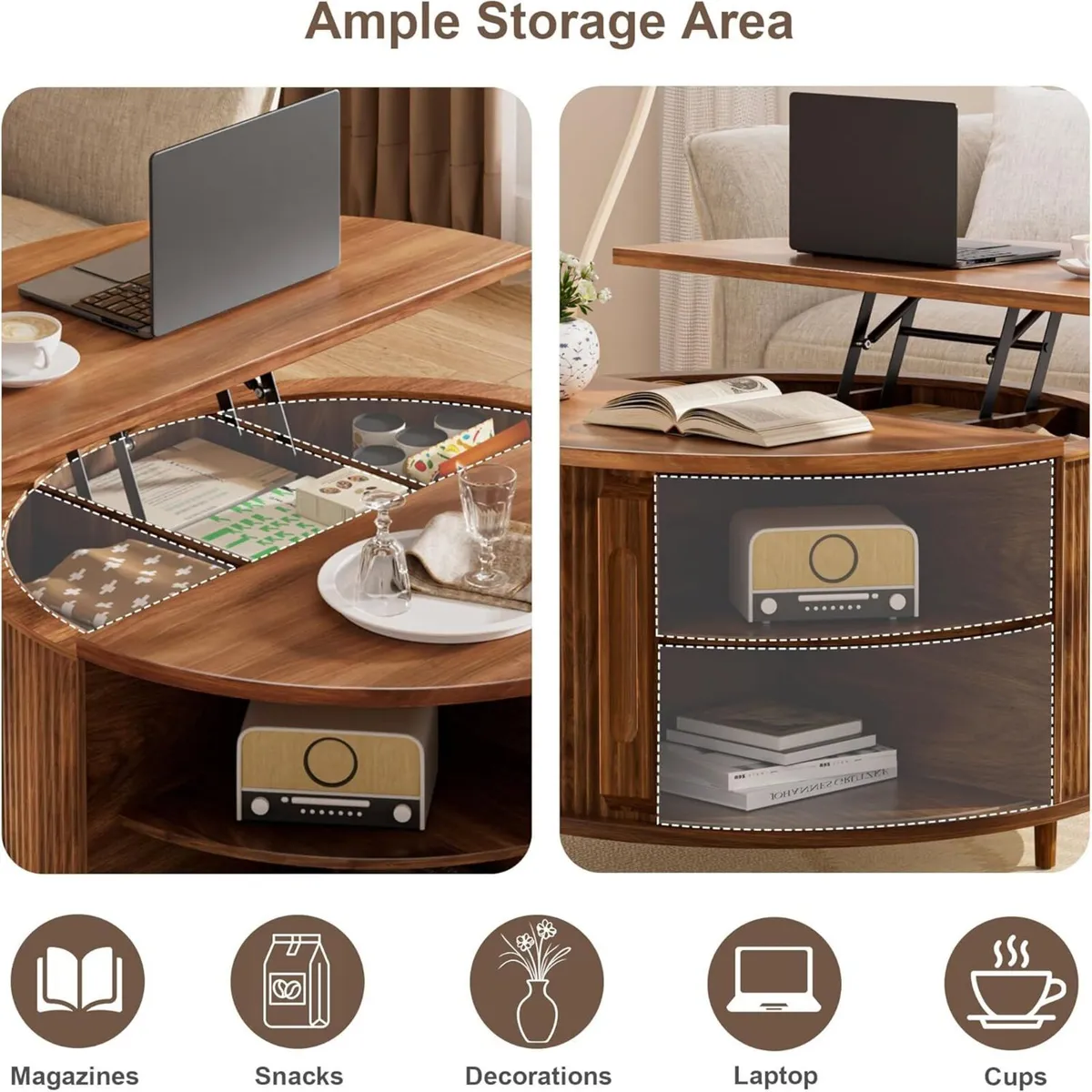 Lift Top Coffee Table 80cm Fluted Wood Center - Image 4