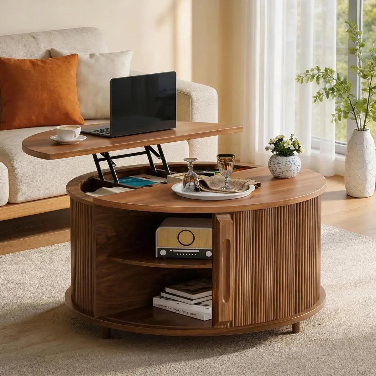 Lift Top Coffee Table 80cm Fluted Wood Center - Image 1