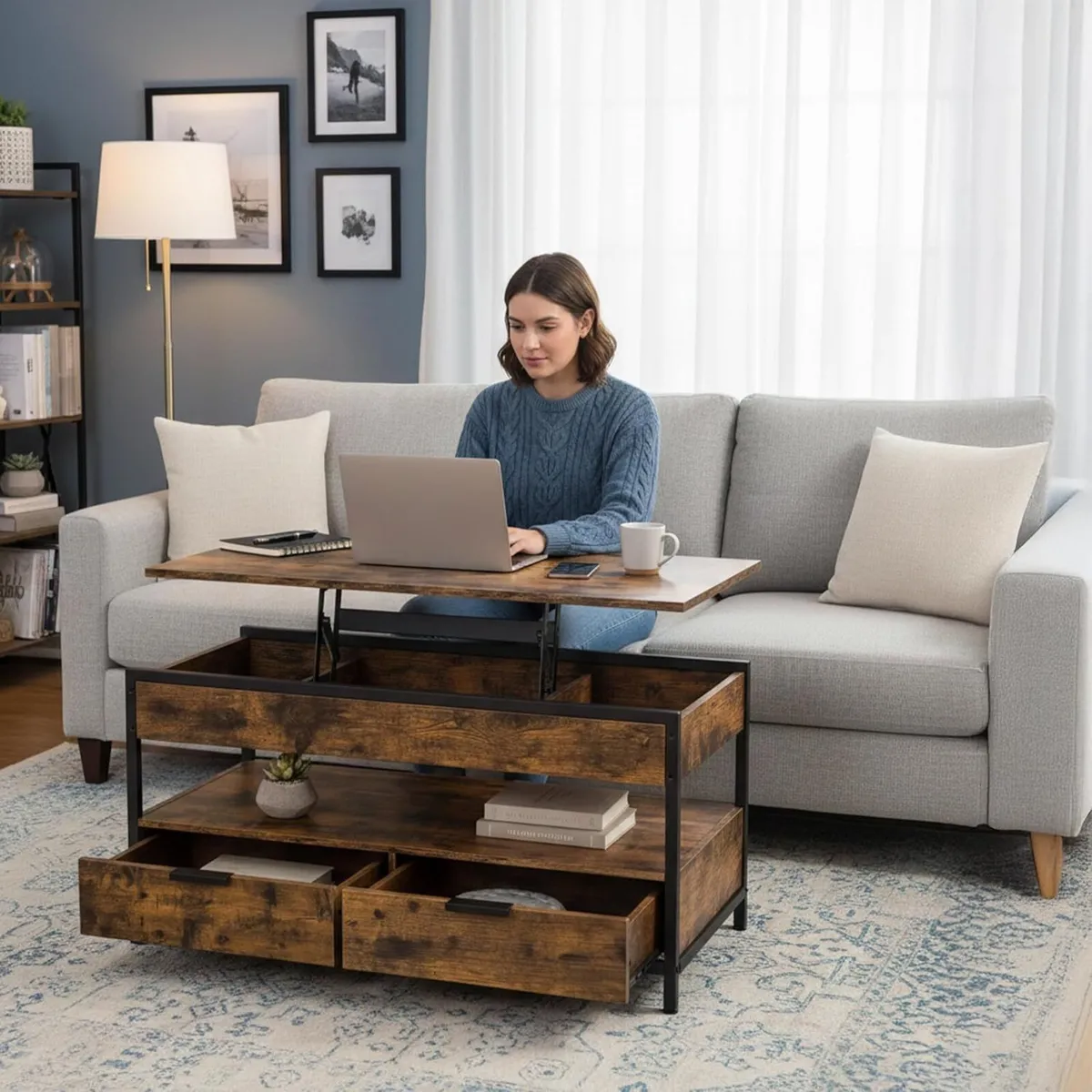 coffee table lift-top 2 drawers 4 compartments - Image 2