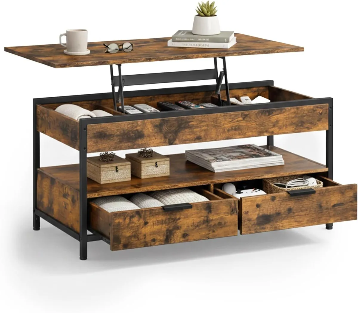 coffee table lift-top 2 drawers 4 compartments - Image 1