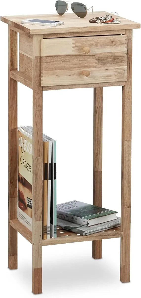 Walnut Side Table with Drawer 2 Shelves Telephone - Image 1