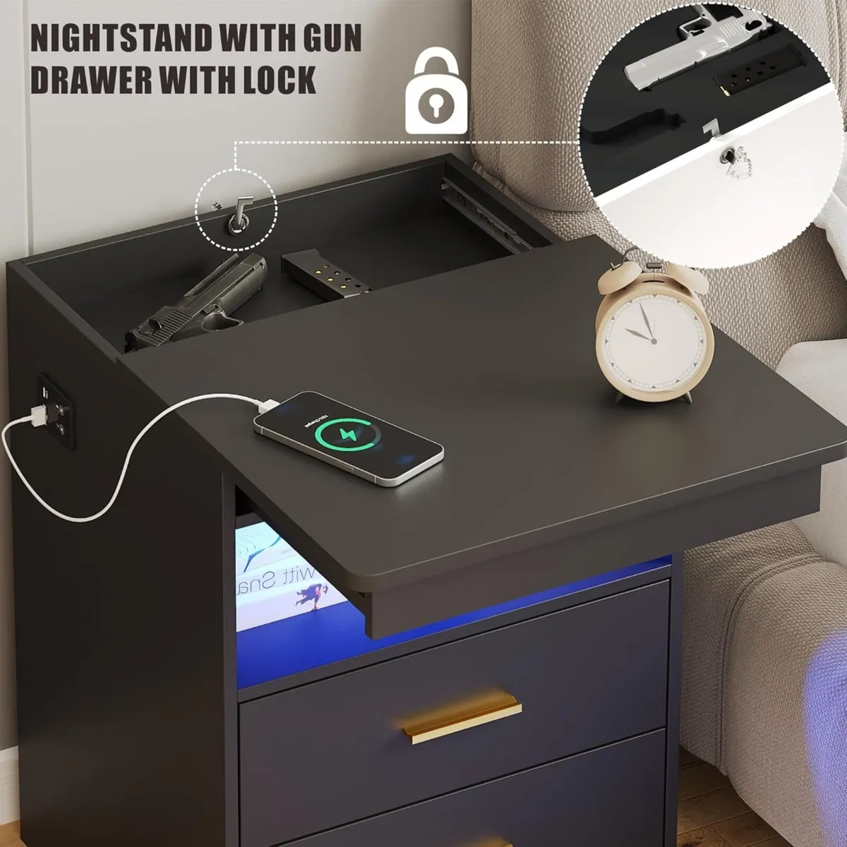Bedside Table with Hidden Drawer Cabinet Charging - Image 3