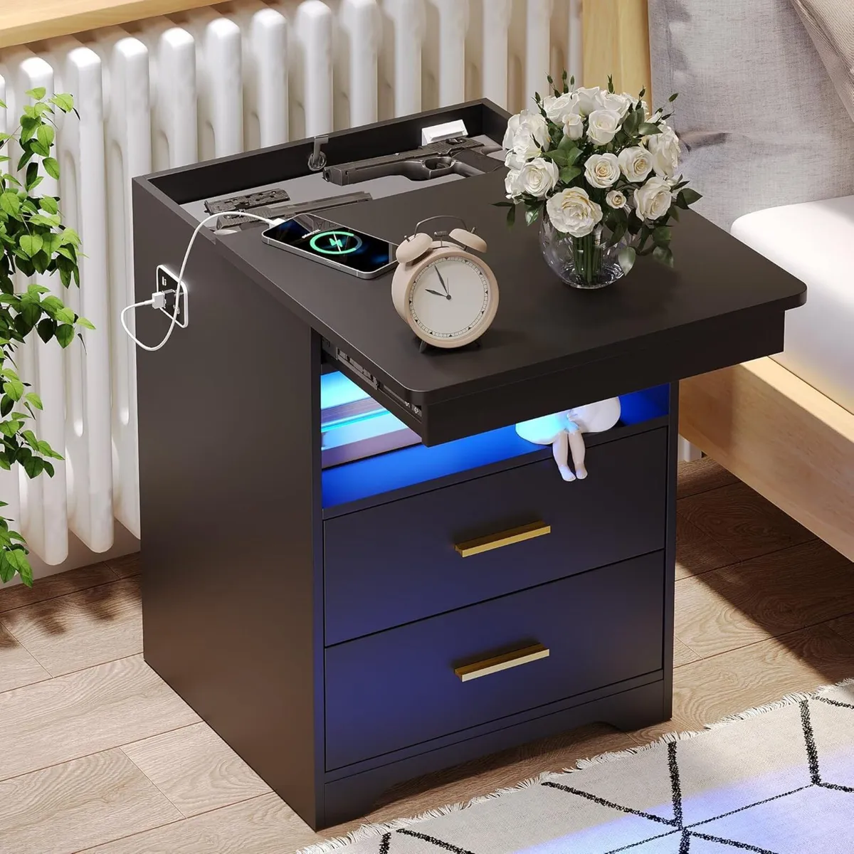 Bedside Table with Hidden Drawer Cabinet Charging - Image 1
