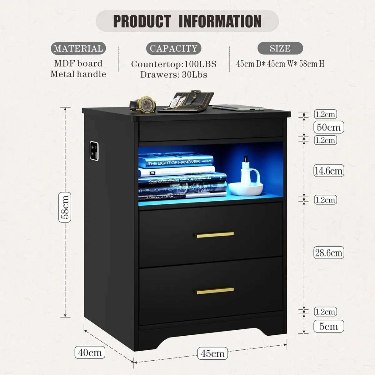 Bedside Table with Hidden Drawer Cabinet Charging - Image 2