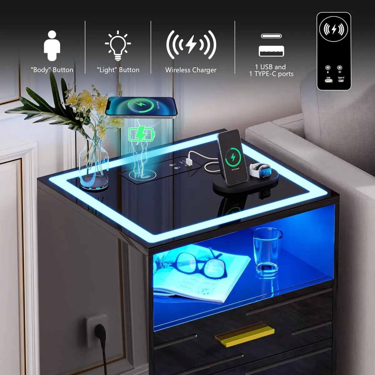 LED Bedside Table with Wireless Charging Station - Image 3