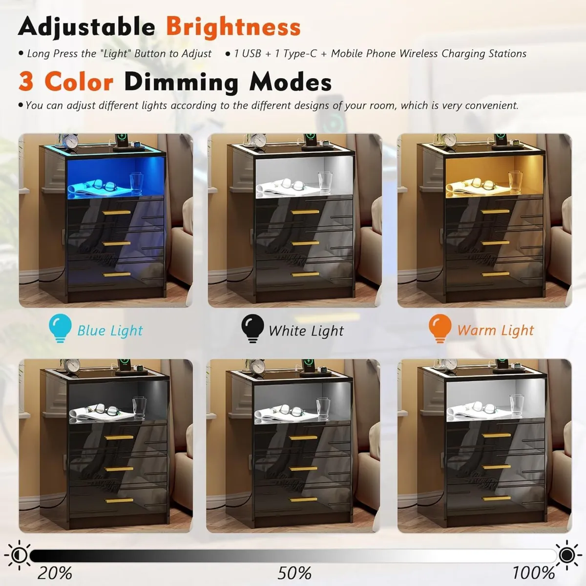 LED Bedside Table with Wireless Charging Station - Image 4