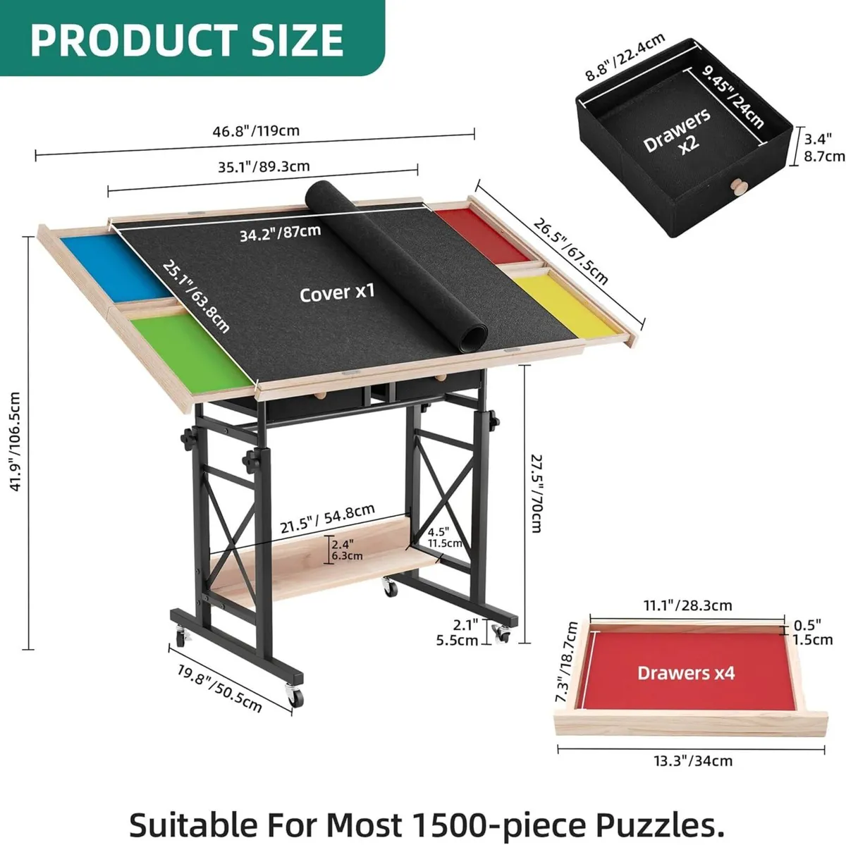 Piece Jigsaw Puzzle Table with 4 Drawers Adjustabl - Image 3