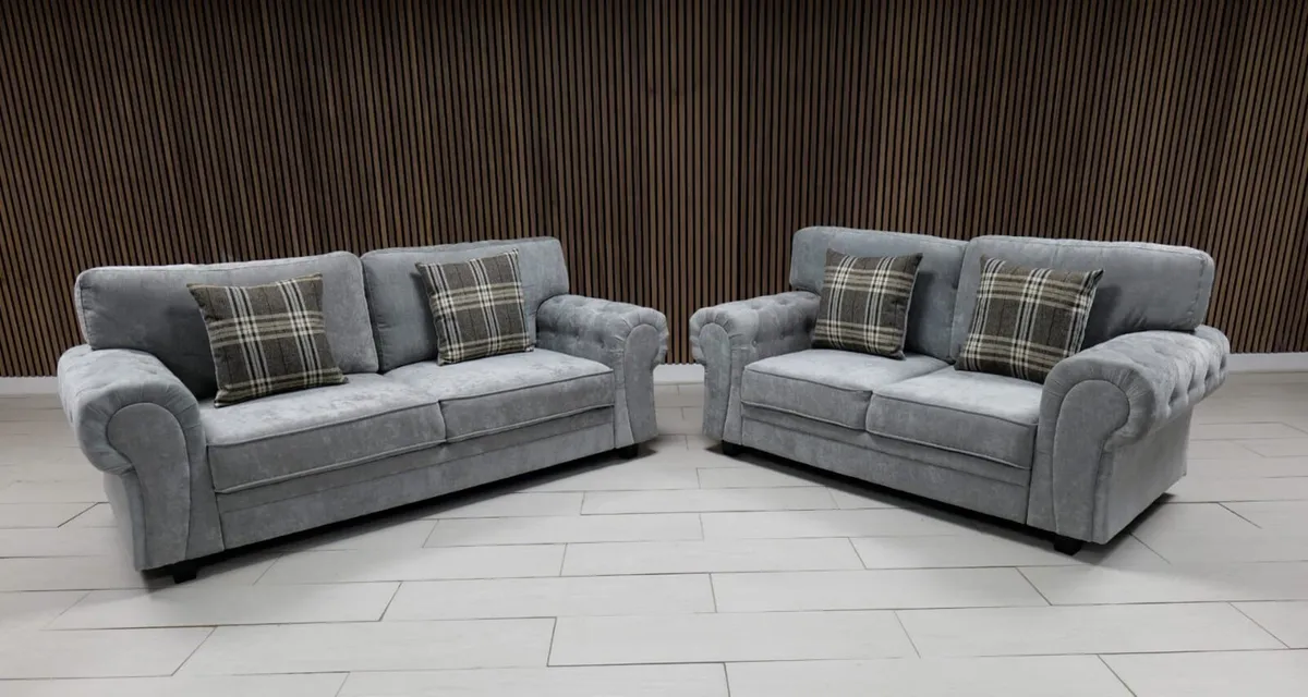 Verona 3+2 Grey Fullback Cushions Sofa Set - Image 2