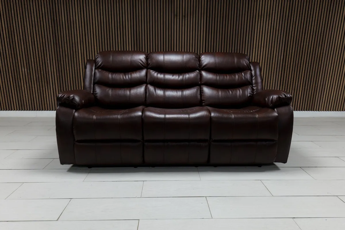 3+2 Cream & Brown Leather Recliner Sofa Set - Image 2