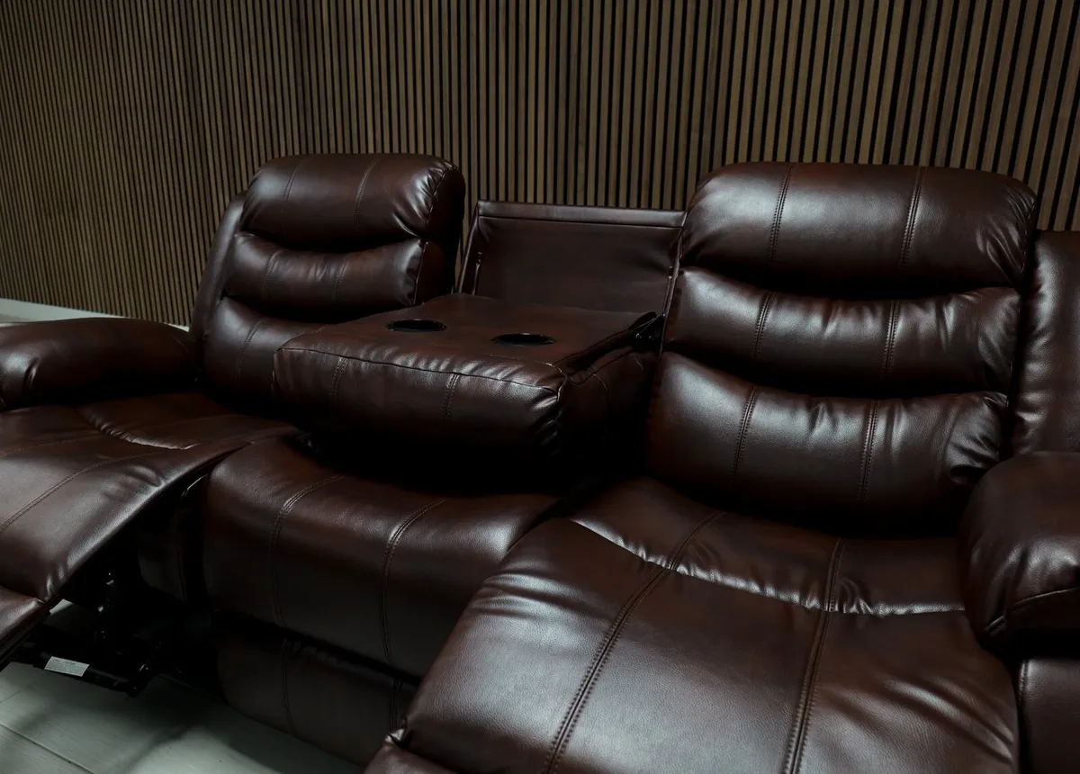 3+2 Cream & Brown Leather Recliner Sofa Set - Image 4