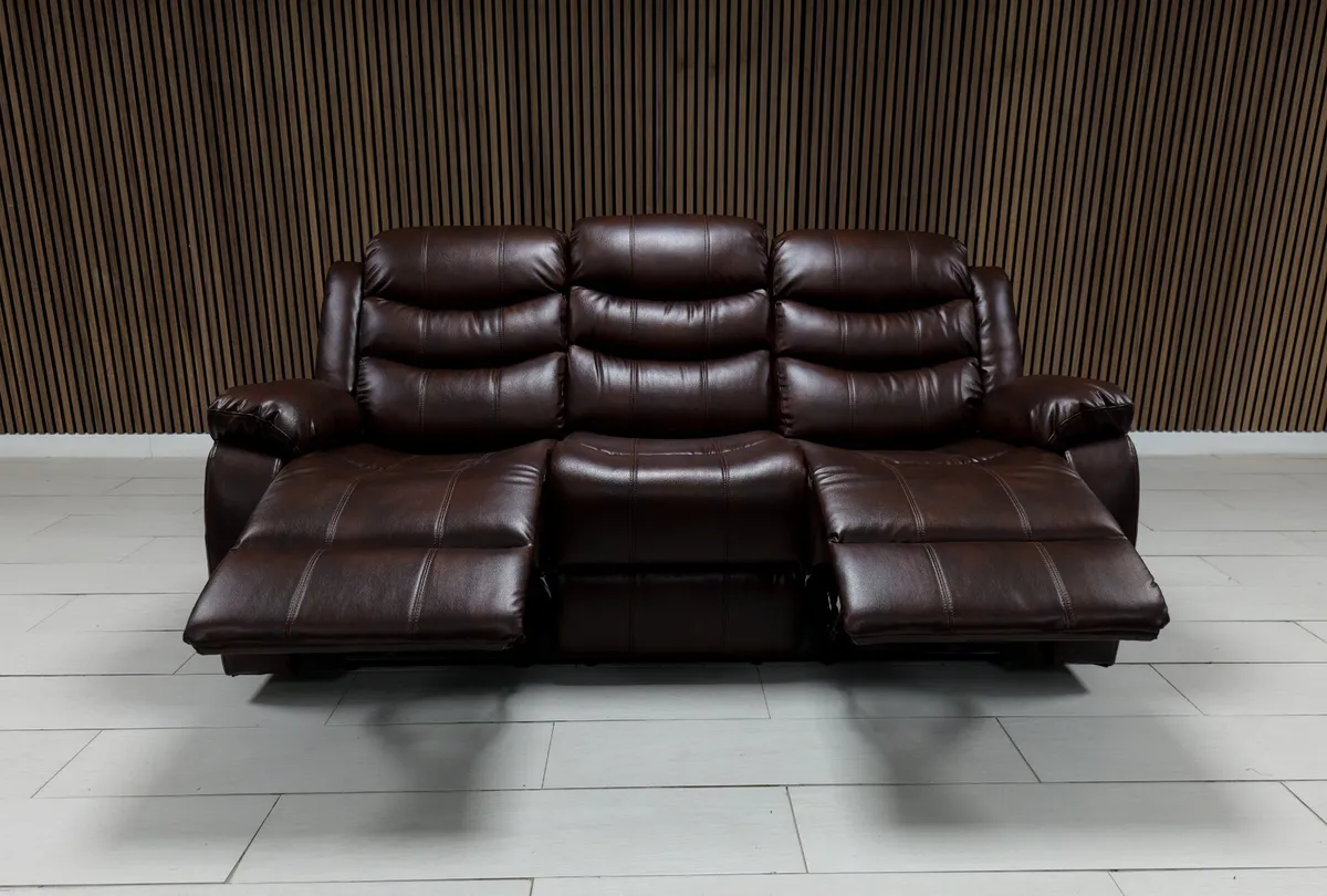 3+2 Cream & Brown Leather Recliner Sofa Set - Image 3