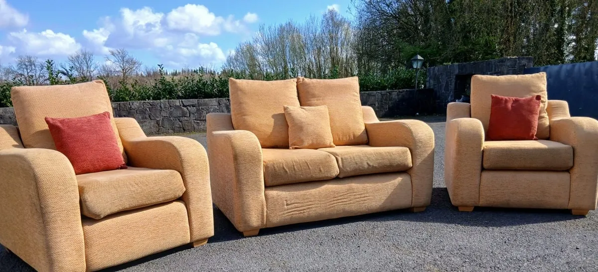 3 Piece Gold Fabric Sofa Set - Image 1