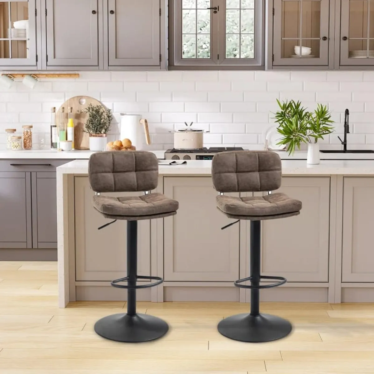 Set of 2 Button-Tufted Vintage Bar Stools - Swivel - Image 1