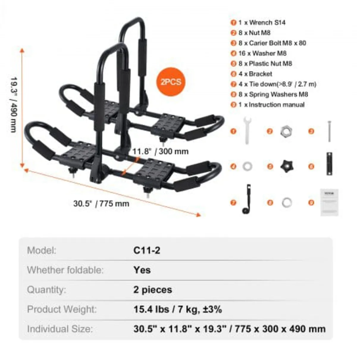 Kayak Roof Rack 1 Pair J-Bar, Soft Roof Rack, Top - Image 4