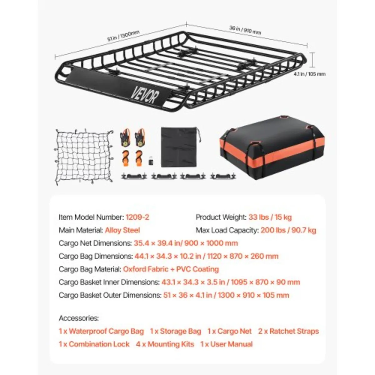 Roof Rack Basket, 51 x 36 x 4.1 in, Universal Roof - Image 2